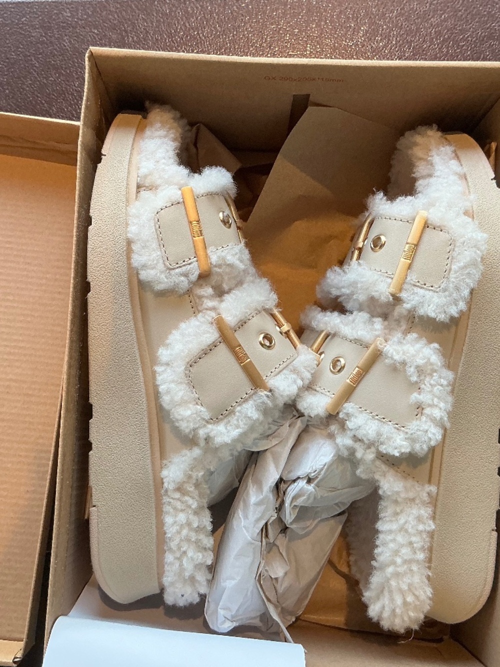 Fitflop Gen-FF 2-Bar Buckle Shearling/Leather Slides Stone Beige Size 6